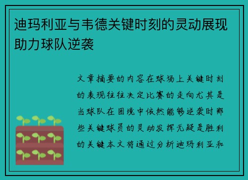 迪玛利亚与韦德关键时刻的灵动展现助力球队逆袭