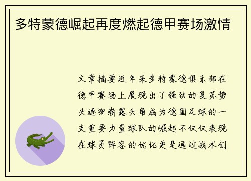 多特蒙德崛起再度燃起德甲赛场激情