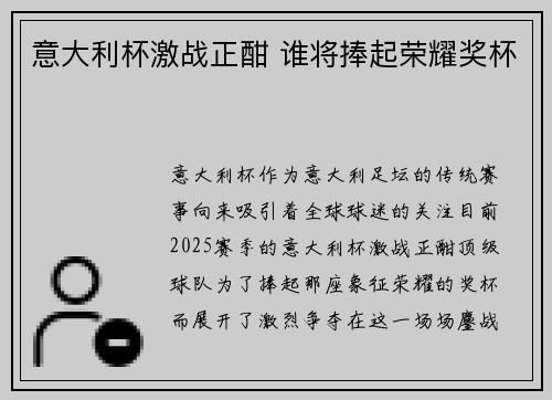 意大利杯激战正酣 谁将捧起荣耀奖杯