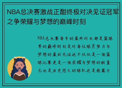 NBA总决赛激战正酣终极对决见证冠军之争荣耀与梦想的巅峰时刻